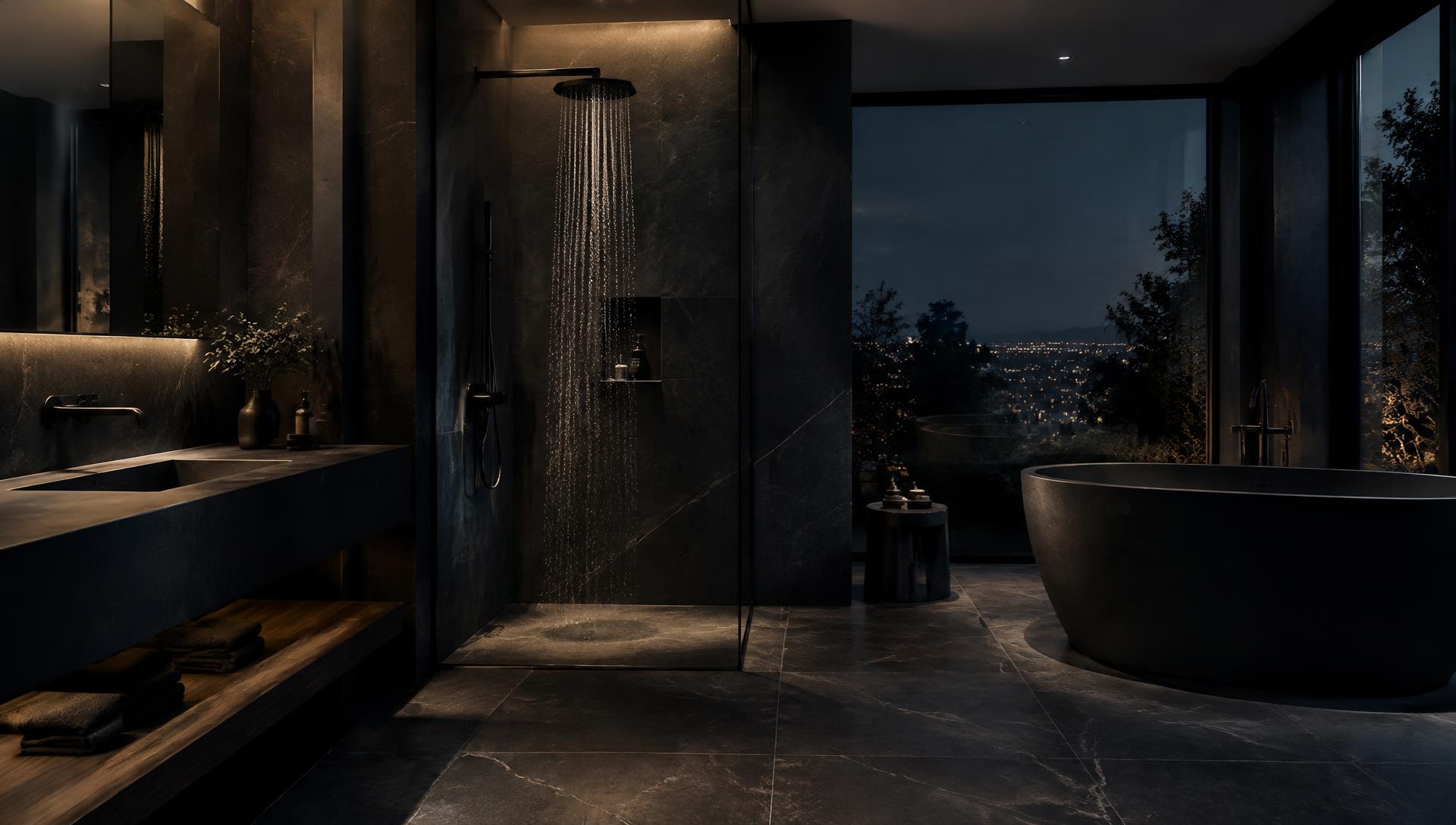 Modern bathroom with matte black rainfall shower and freestanding tub
