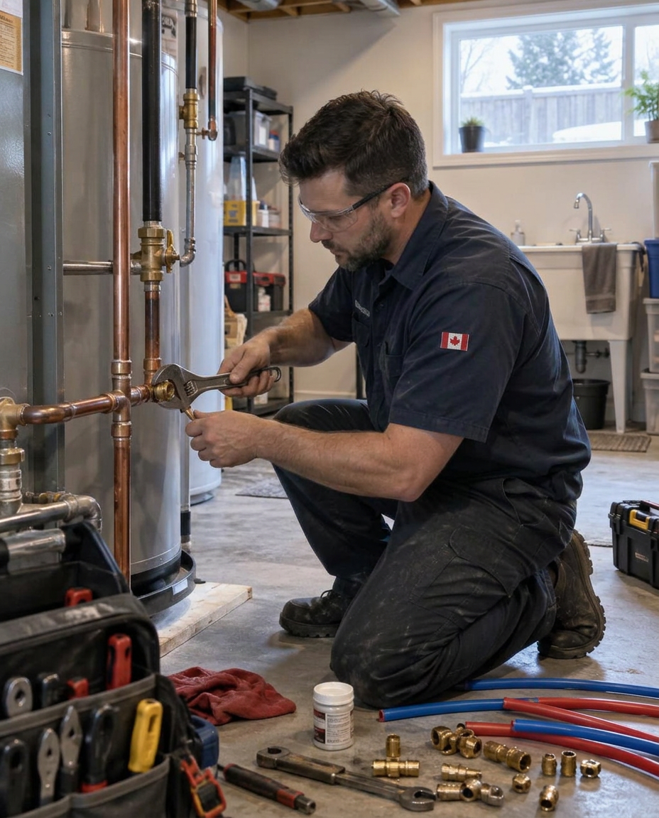 Plumber tightening a copper pipe fitting with a wrench in a basement utility room