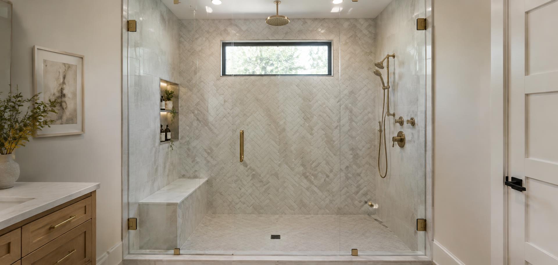 Walk-in glass shower with brushed brass fixtures